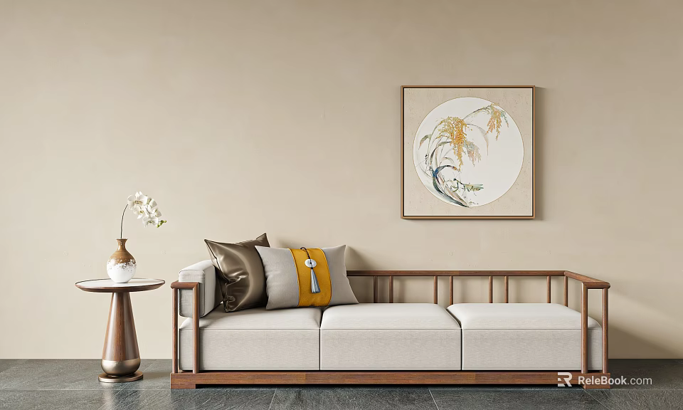 Modern Three Seater Sofa With Cushions Side Table Vase And Decorative Painting On Beige Wall 3d model 