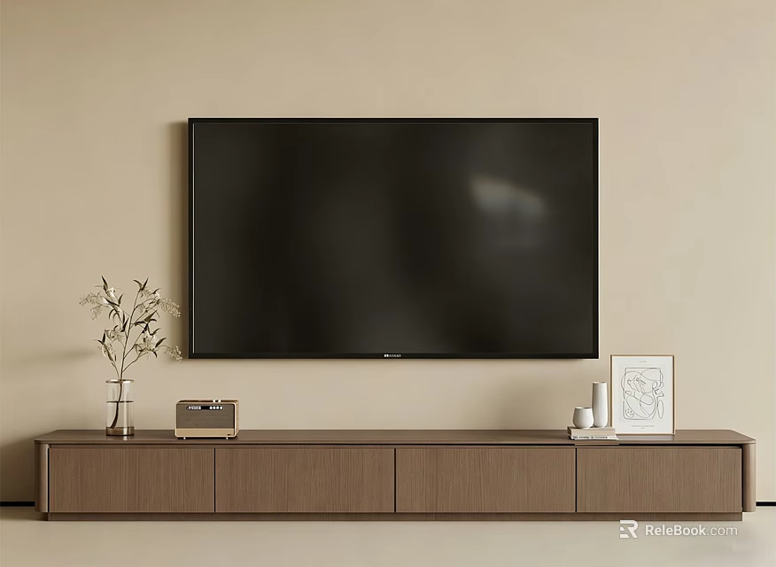 Modern Wooden TV Stand with Large Screen TV Vase Radio and Framed 3d model 