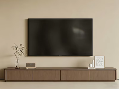 Modern Wooden TV Stand with Large Screen TV Vase Radio and Framed 3d model