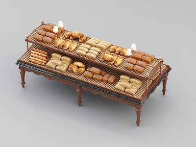 Wooden Bakery Display Shelf With Multi Tiered Design For Fresh Croissants Donuts And Bread Loaves 3d model