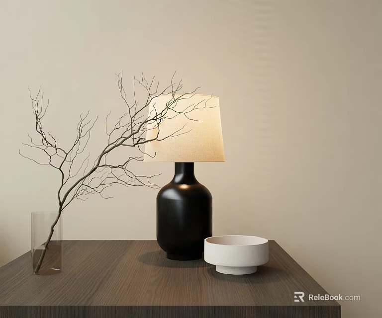 Black Table Lamp with Beige Shade on Wooden Desk Near Transparent Vase with Bare Branches 3d model 