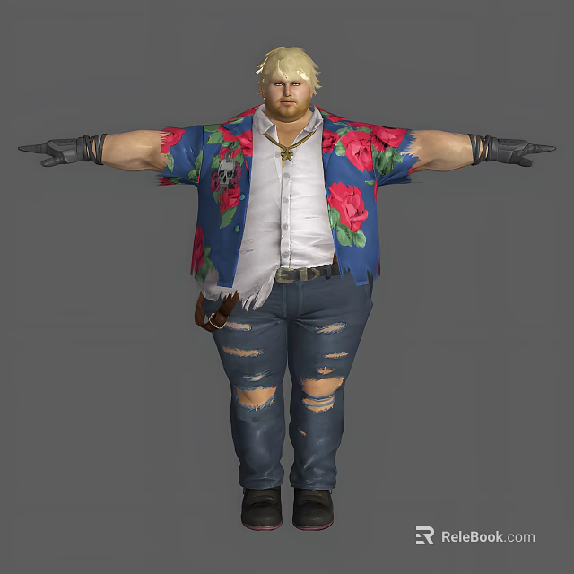 Blonde Man with Floral Shirt White Undershirt Ripped Jeans Black Gloves and Arms Outstretched 3d model 