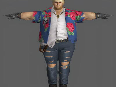 Blonde Man with Floral Shirt White Undershirt Ripped Jeans Black Gloves and Arms Outstretched 3d model