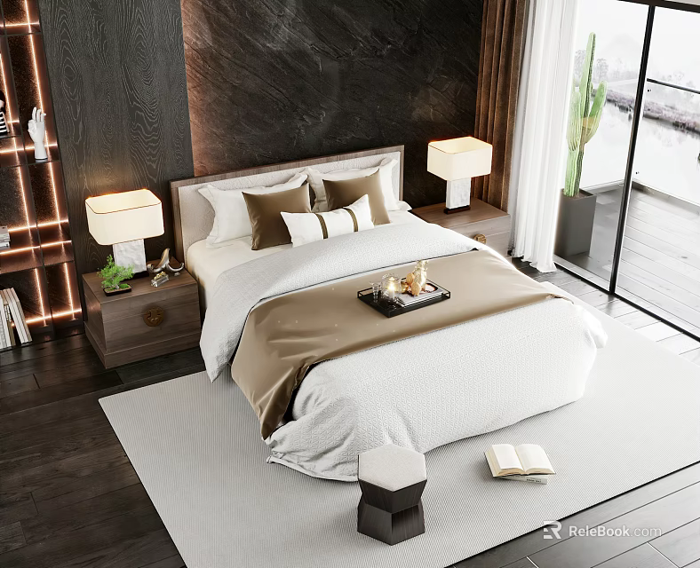 Double Bed with White and Brown Bedding Nightstands Lamps Light Rug Large Window Green Plant 3d model 