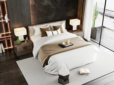 Double Bed with White and Brown Bedding Nightstands Lamps Light Rug Large Window Green Plant 3d model