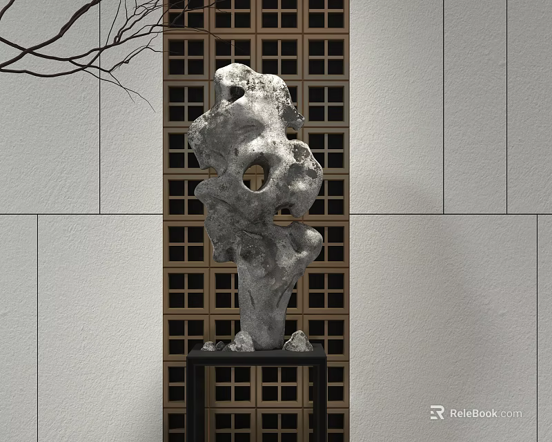 Modern Abstract Stone Sculpture Carving With Holes On Black Base And Lattice Wall 3d model 
