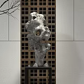 Modern Abstract Stone Sculpture Carving With Holes On Black Base And Lattice Wall