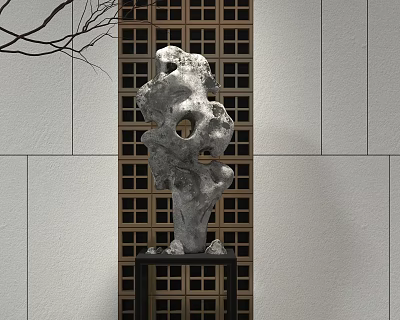 Modern Abstract Stone Sculpture Carving With Holes On Black Base And Lattice Wall 3d model