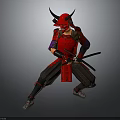 Traditional Japanese Samurai Swords Wielded by Warrior in Red Armor With Horned Helmet and Dual Blades