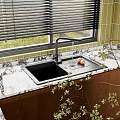 Black Kitchen Sink With Marble Countertop Modern Faucet Green Tiled Wall And Dark Wooden Cabinets