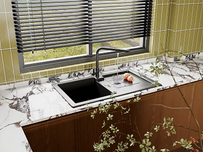 Black Kitchen Sink With Marble Countertop Modern Faucet Green Tiled Wall And Dark Wooden Cabinets 3d model