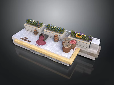 Decorative Garden Platform With Flower Boxes Clay Pots And Red Material 3d model