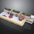 Decorative Garden Platform With Flower Boxes Clay Pots And Red Material