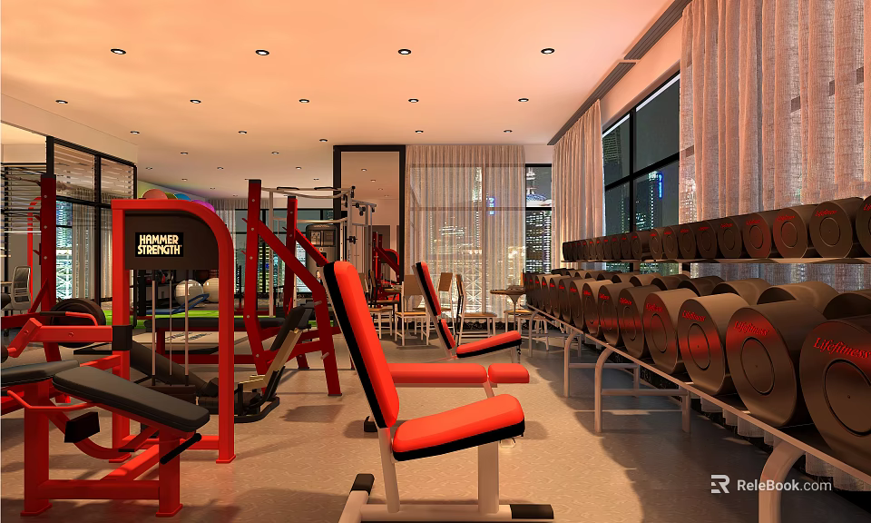 Modern Gym Interior With Red Black Fitness Machines Dumbbell Rack And Large Windows 3d model 