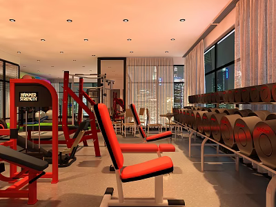 Modern Gym Interior With Red Black Fitness Machines Dumbbell Rack And Large Windows 3d model
