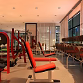 Modern Gym Interior With Red Black Fitness Machines Dumbbell Rack And Large Windows