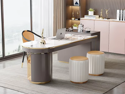 Modern Gray Desk with Laptop Gold Accents White Stools and Window View 3d model