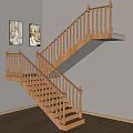 Elegant Indoor Wooden Staircase With Handrail And Decorative Paintings On Wall