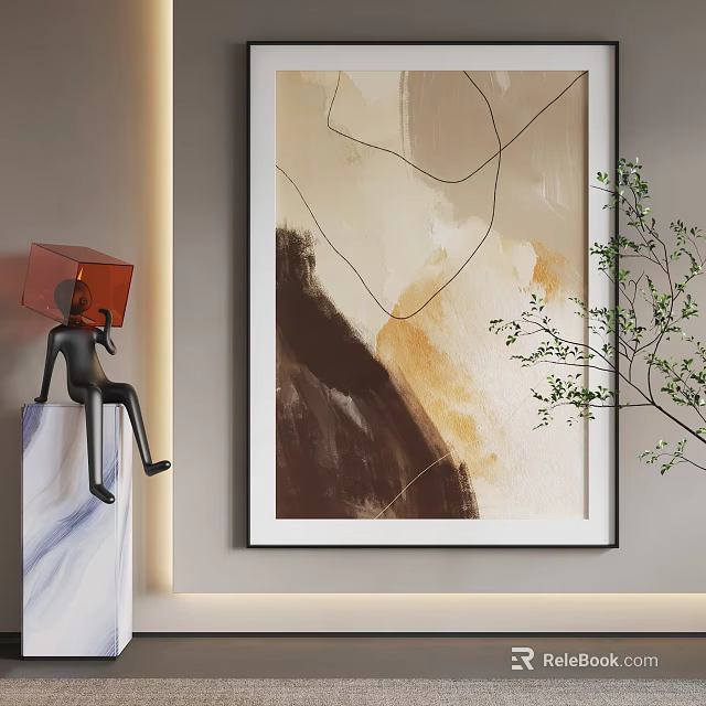 Abstract Painting With Earthy Tones Geometric Lines Modern Interior Decor Near Sculpture And Green Plant 3d model 