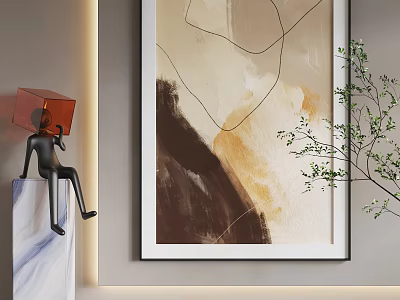 Abstract Painting With Earthy Tones Geometric Lines Modern Interior Decor Near Sculpture And Green Plant 3d model
