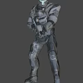 Futuristic Sci Fi Weapon With Blue Glowing Parts Held by Silver Black Armored Warrior