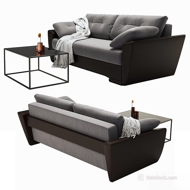 Modern Gray Sofa Set With Coffee Table And Throw Blanket Decorations 3d model