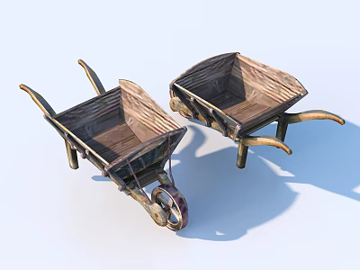 Two Vintage Wooden Wheelbarrows with Sturdy Handles and Wheels as Household Items 3d model