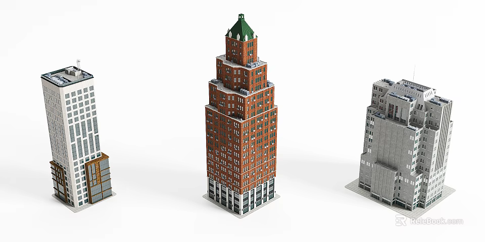 Architectural Models With Red Brick Building Green Roof Clock Tower White And Gray Buildings 3d model 