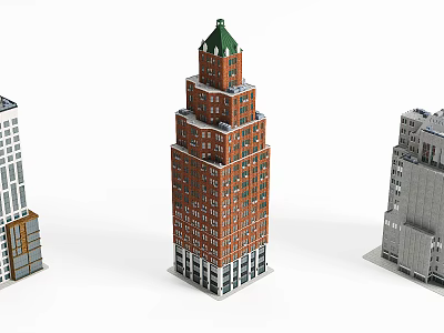 Architectural Models With Red Brick Building Green Roof Clock Tower White And Gray Buildings 3d model