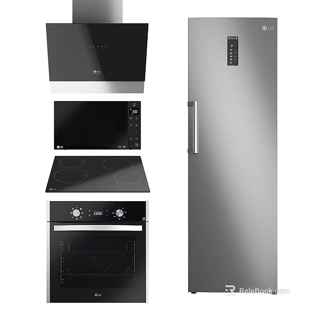 Modern Stainless Steel Kitchen Appliances With Range Hood Microwave Oven And Refrigerator 3d model 
