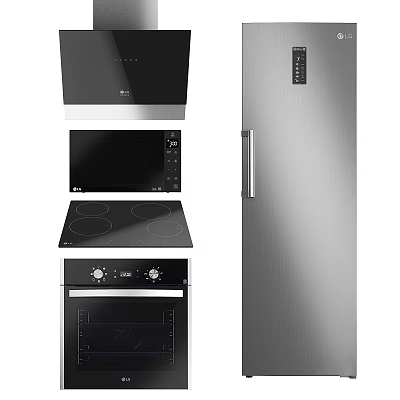 Modern Stainless Steel Kitchen Appliances With Range Hood Microwave Oven And Refrigerator 3d model