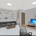 Modern Bright Office Interior With Desk Computer Folders Display Boards And Windows Blinds 3d model