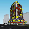 Modern Multistory Building With Colorful Yellow Red Black White Facade And Urban Road Greenery