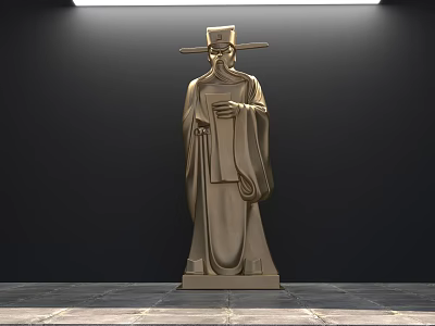 Golden Ancient Figure Landscape Sculpture With Hat Robes Scroll On Stone Floor Lit By Spotlights 3d model