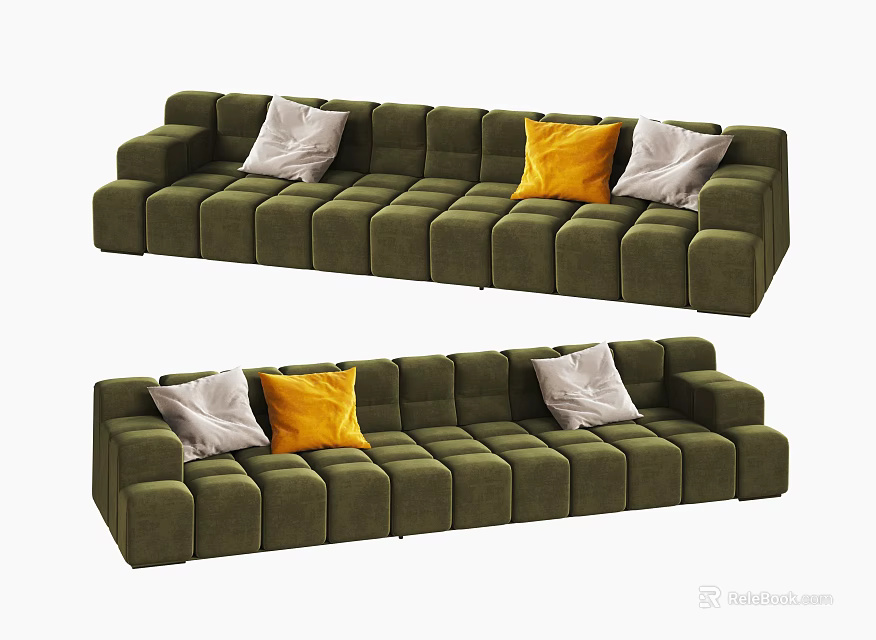 Olive Green Sectional Sofa With Tufted Design And White Yellow Pillows 3d model