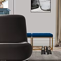 Blue Sofa Bench With Golden Frame And Brown Shoes Near Light Blue Cabinet