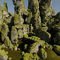 Natural Rockery Stones Covered With Lush Green Moss In Garden Landscape