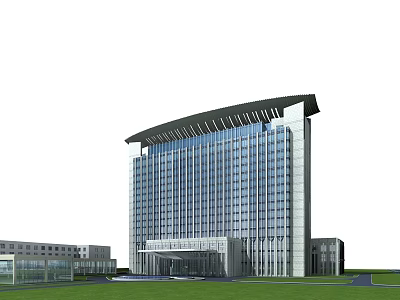 Modern High Rise Office Building With Glass Curtain Wall Green Lawn And Entrance Design 3d model