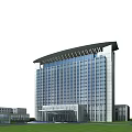 Modern High Rise Office Building With Glass Curtain Wall Green Lawn And Entrance Design