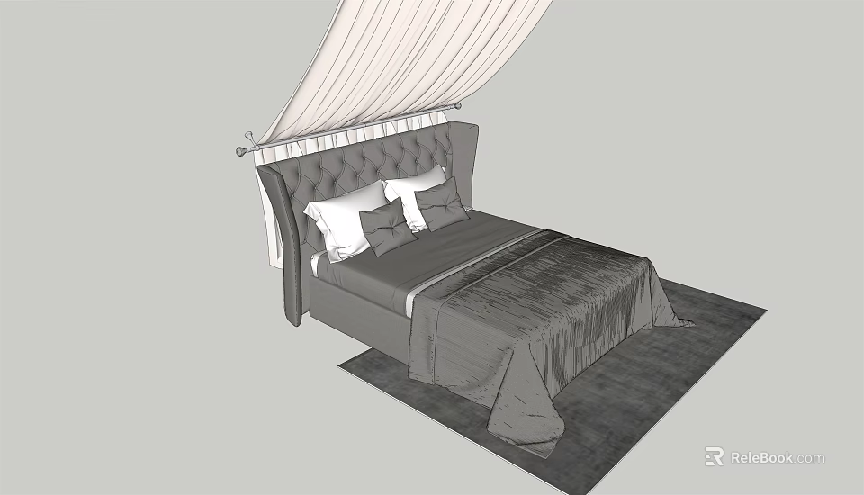Elegant Double Bed Design With Tufted Headboard Pillows Canopy And Rug 3d model 