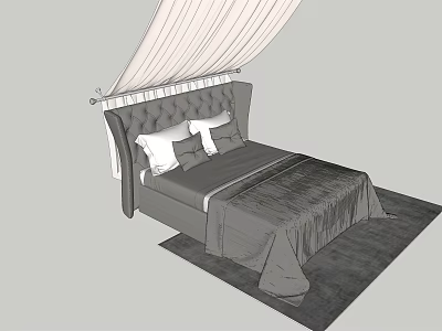 Elegant Double Bed Design With Tufted Headboard Pillows Canopy And Rug 3d model