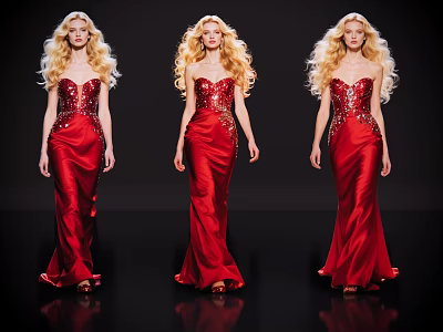 Three Women In Red Sequin Evening Dresses With Long Blonde Hair On Black Background 3d model