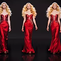 Three Women In Red Sequin Evening Dresses With Long Blonde Hair On Black Background