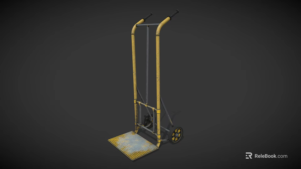 Durable Yellow Industrial Hand Truck With Metal Platform Handles And Wheels 3d model 