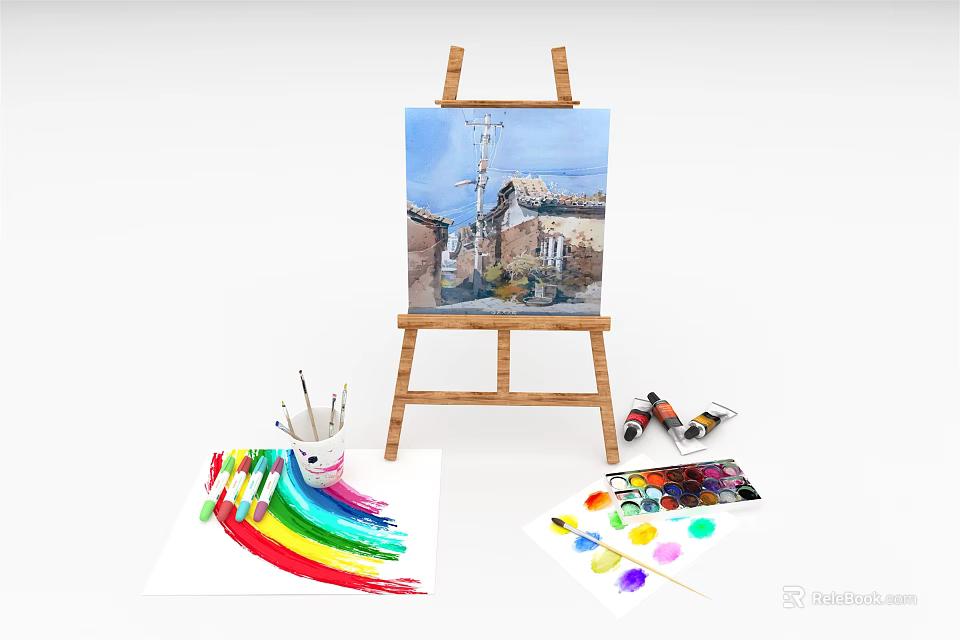 Musical Instruments And Art Supplies With Wooden Easel Painted Canvas And Watercolor Paints 3d model 