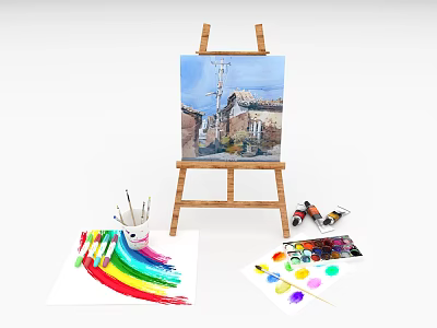Musical Instruments And Art Supplies With Wooden Easel Painted Canvas And Watercolor Paints 3d model