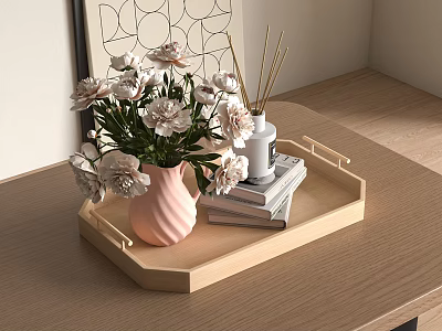Wooden Tray With Pink Vase White Flowers Books And Aromatic Diffuser 3d model