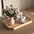 Wooden Tray With Pink Vase White Flowers Books And Aromatic Diffuser