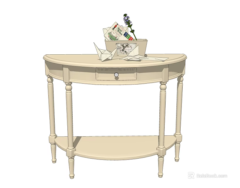Entryway Console Table With Curved Design Drawer Lower Shelf And Decorative Items 3d model