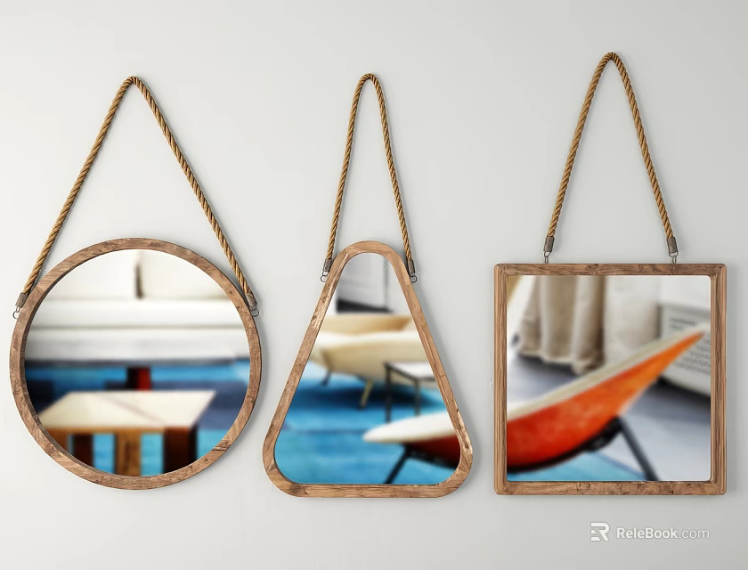 Hanging Decorative Mirrors with Wooden Frames Different Shapes Reflecting Indoor Scenes 3d model 